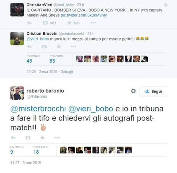 E oltre ai presenti si sono aggiunti anche alcuni assenti, rimasti in Italia: Cristian Brocchi, attuale allenatore della Primavera del Milan, e Roberto Baronio, che ha scherzato con gli ex rivali. Twitter